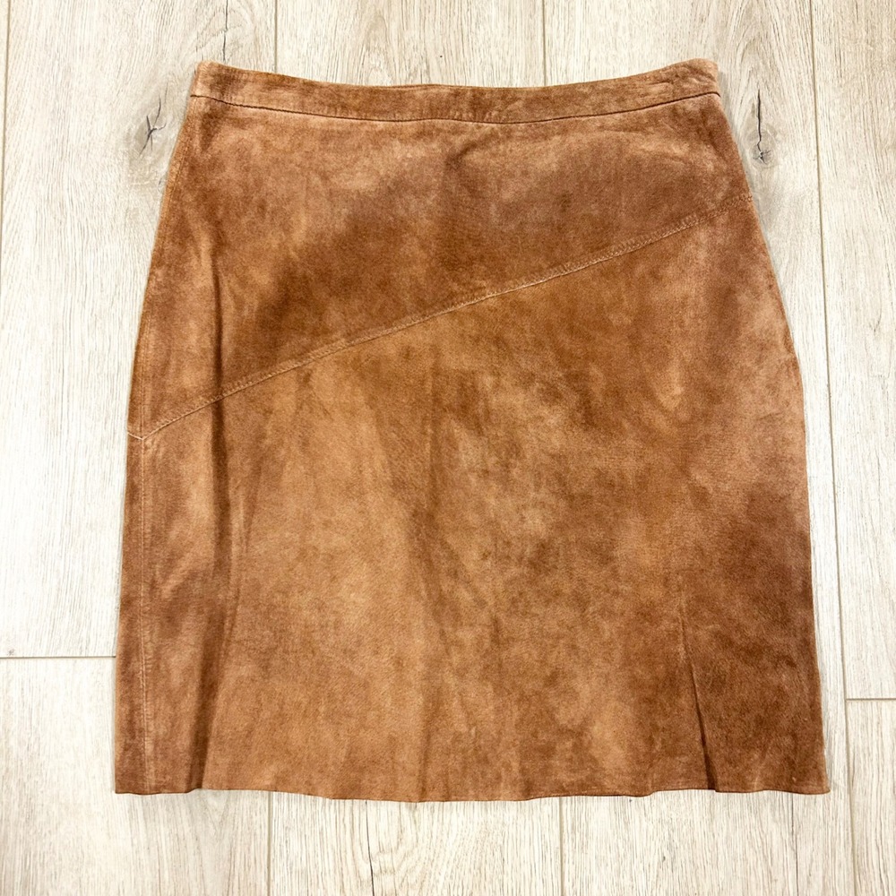 Y2K BCBGMAXAZRIA Brown Suede Mini Skirt Small 6 Genuine Leather Diagonal Seam